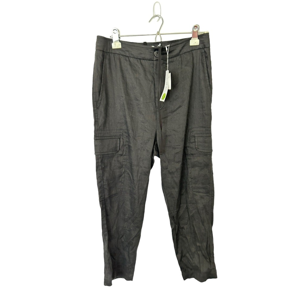VINCE Womens Black Cropped Drop Crotch‎ Linen Blend Cargo Pants large new